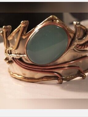Handcrafted Gold Tone Cuff Bracelet with Aqua ,calcite Stone